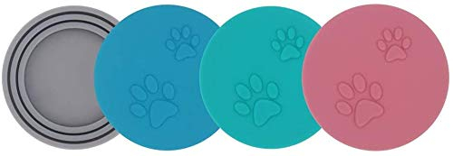 SLSON 4 Pack Pet Food Can Cover Lids Universal Silicone Cat Dog Food Tin Lids 1 Fit 3 Standard Size Can Tops, Blue, Green, Pink and Grey