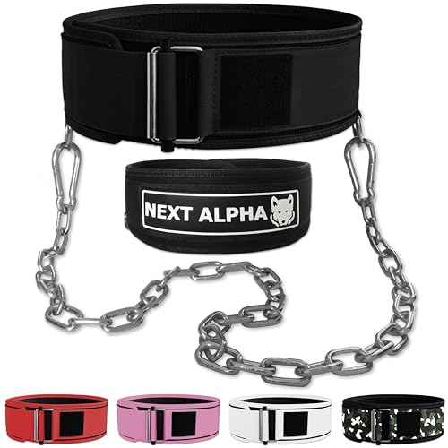 Next Alpha Combinazione Cintura Powerlifting & Cintura per dips - Cintura per Sollevamento Pesi Personalizzata - per Uomo e Donna - Fibbia Autobloccante e Sgancio Rapido - con Catena
