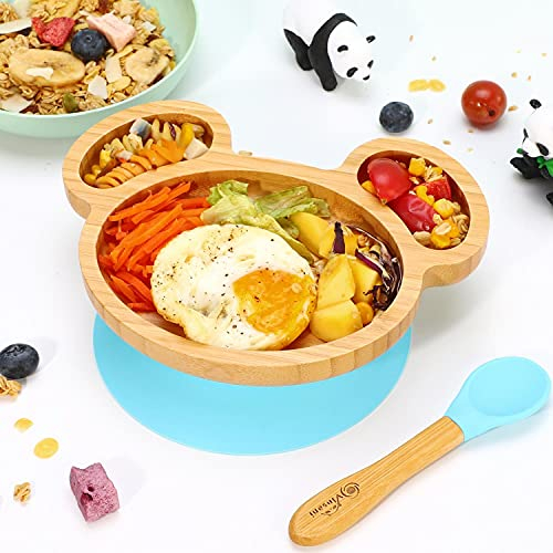 Vinsani Mouse Bamboo Plate and Spoon Set for Baby/Toddler, Mouse-Shaped Suction Plate, Stay-Put Design, Hypoallergenic and BPA-Free (Blue)
