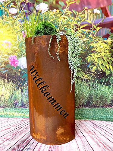 Säule Willkommen oval Edelrost Pflanzschale