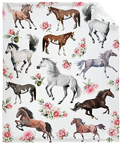 Horse Rose Throw Blanket Soft Flannel Fleece Velvet Plush Personalized Throws Fuzzy Warm Cozy Soft Bedding Blankets Anti-Pilling Pets 40x30
