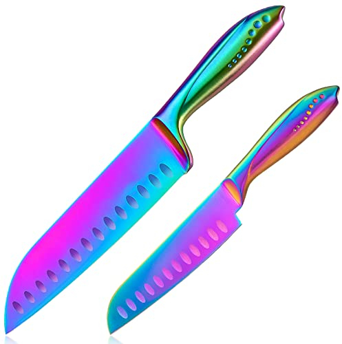 WELLSTAR Regenbogen Japanisches Messer 2-teiliges Set,7 Zoll und 5 Zoll Santoku für große und kleine Hände für Fleisch& Gemüse &Wurst