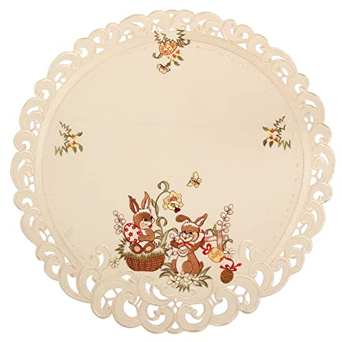 Quinnyshop Ostern Miteldecke Häschen Ostereier Stickerei Ecru Creme Leinen Optik ca. 60 cm Rund