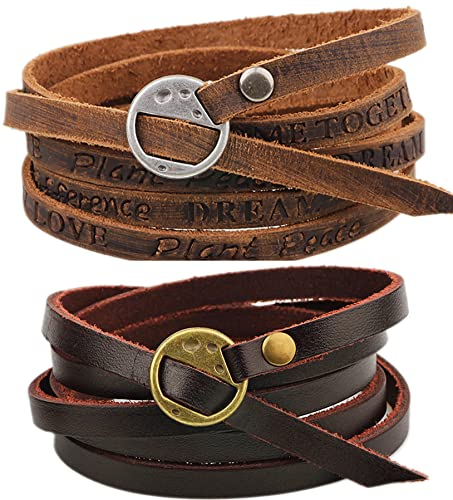 Thajaling Bracciale in Pelle Fatto a Mano Multistrato con Scritte Marrone Scuro, Vintage in Bronzo Antico, alla Moda per Donna e Uomo