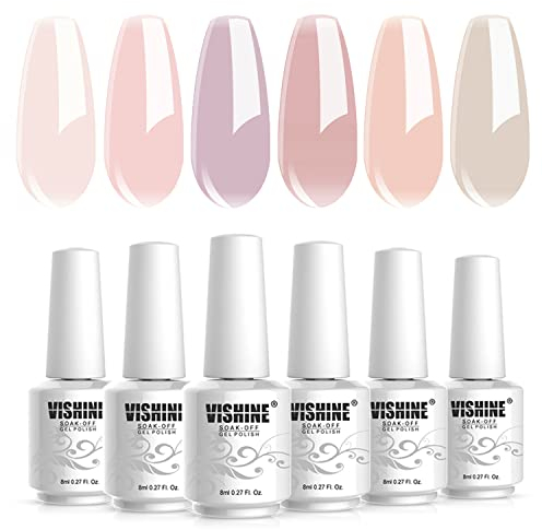 Vishine Vernis Gel Semi Permanent Transparent Nude,Lot de 6 Vernis Semi Permanent Naturel Rose French Transparent Gelée de Cristal Soak Off UV LED Gel 8ml