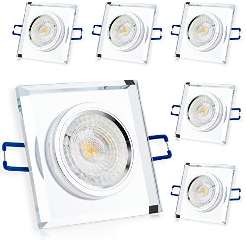 Einbaustrahler LED Einbauleuchte 6er Set Einbauspot Spot Deckenspot Deckeneinbauleuchte klar eckig flach Glas Spiegel inkl. 6x 6W Leuchtmittel GU10 Fassung Neutralweiß 4000K Abstrahlwinkel 36°