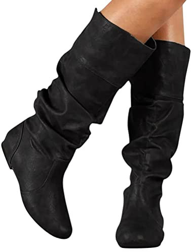 ticticlily Stivali Alti da Donna Invernali Moda Stivali da Equitazione Casual Comodi Tacco Piatto Scarpe in Pelle A Nero 42 EU