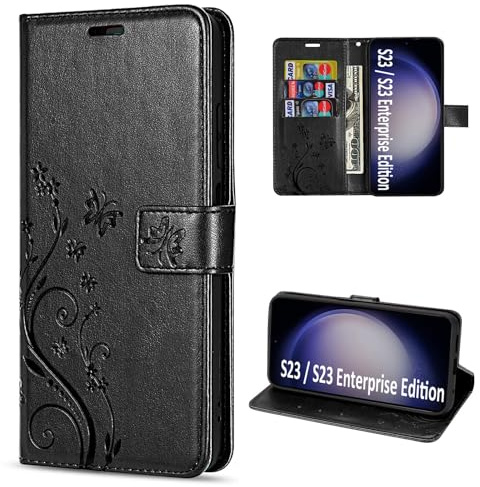 Hülle Kompatibel mit Samsung Galaxy S23 | Premium PU Leder Handyhülle Wallet Case für Galaxy S23 | Schutzhülle Blumen Klapphülle Handyhülle | Schwarz