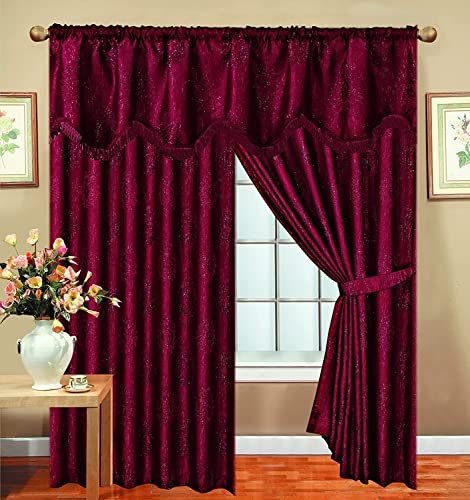Luxury Jacquard Fully Lined Door & Window Curtains Heavy Pencil Pleat Malta Curtains With Tie Backs (Malta-Burgundy, 90 x 72)