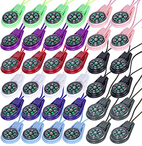 Molbory - Mini bussola di sopravvivenza, 36 pezzi, multi-colore, mini bussola su corda, per campeggio, escursionismo, emergenza, kit di sopravvivenza per bambini e adulti