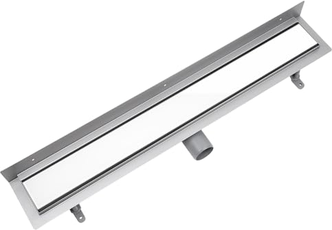 VOGI Caniveau de douche en acier inoxydable - Kit complet de drainage mural avec grille en verre blanc avec siphon avec arrêt anti-odeurs - Dimensions de 50 à 100 cm au choix