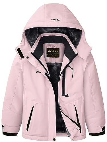 WICKHAM Girls Waterproof Ski Jacket Winter Warm Fleece Lined Windproof Jackets Removable Hood Ski Coat for Kids, pink, 10-12 Jahre