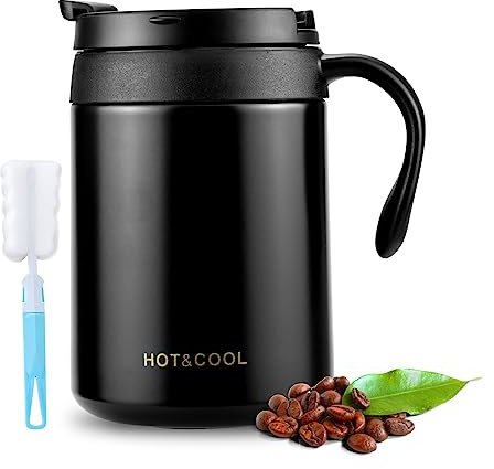 Insulated Coffee Mug with Handle and Lid, 350ML Double Wall Stainless Steel Thermal Mug for Cold & Hot Drinks with Cup Brush, Vacuum Insulated Coffee Mugs Cup for Home, Office, Camping (Black)