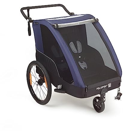 POLISPORT 8615000006 - Trailer + Stroller mit 20-Zoll-Rädern für Fahrräder mit maximal 1 oder 2 Kindern einem Anhänger mit Einer maximalen Belastung von 41 kg in Farbe Grau/Blau