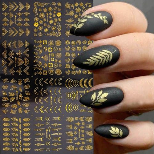 JMEOWIO 12 Sheets Flower Nail Art Stickers Decals Self-Adhesive Spring Summer Floral Gold Nail Supplies Nail Art Design Decoration Accessories