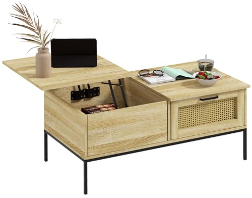 HOMCOM Table Basse avec Plateau relevable Table de Salon avec 2 Grands tiroirs Cadre en Acier 106 x 56,3 x 48 cm Naturel