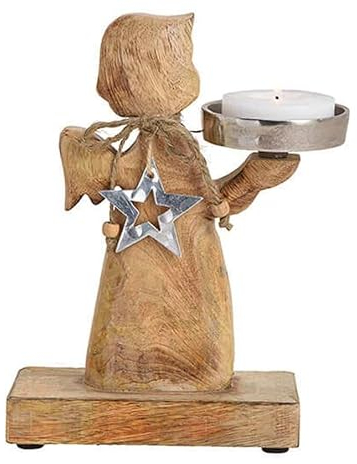 Engel aus Mangoholz mit Metall Stern und Kerzenhalter - Kerzenständer Engel für Stumpenkerzen oder XL Teelichter