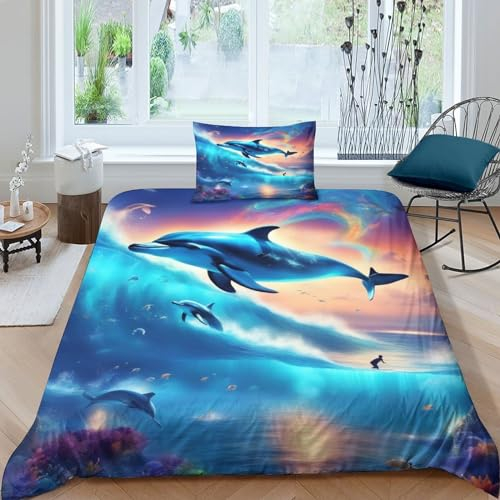 EsaSam Bettwäsche-Set Bettbezug Delfin 3D, Mikrofaser-Bettwäsche Superweicher, Atmungsaktiver Bettbezug. (Single(135x200cm))
