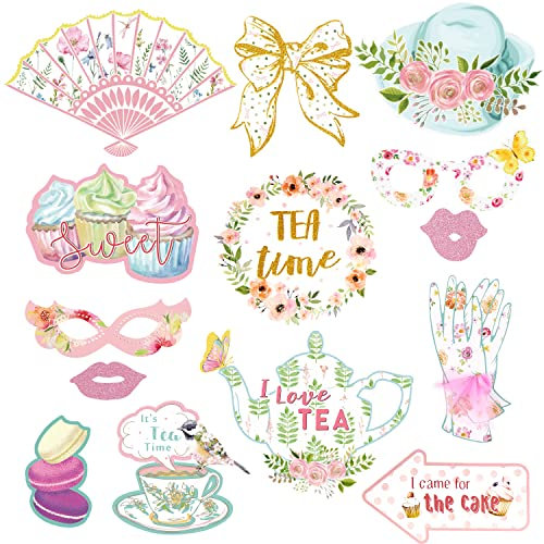 SUNBEAUTY 14 Stück Tea Party Foto Requisiten Fotobox Accessoires Fotobox Requisiten Dekoration für Mädchen Frauen Baby Shower Party Deko