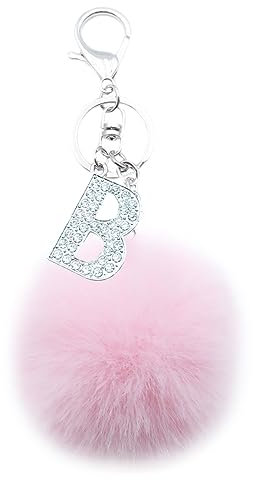 Xsclpomddy Pom Pom rosa. Schlüsselbund künstliche weiche Kaninchenhaar Taschenanhänger Ball Schlüsselanhänger mit Buchstabe A-Z für Handtasche Dekoration,pink B