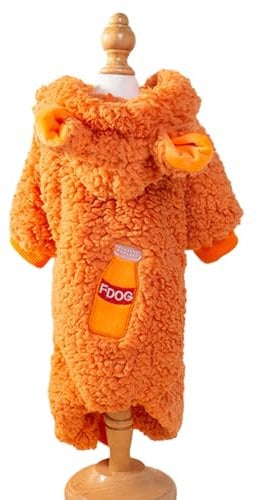 Worparsen Haustier-Kapuzenpullover, luxuriöse Lammfell-Hundejacke mit Traktionsring, vierbeinig, Sweatshirt, verdickte Trinkflaschenmuster, Winter, gepolstert, Orange, Größe L