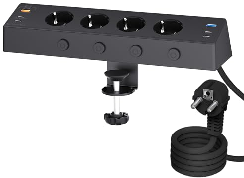 Tischsteckdose mit USB C 20W, Kinglink Steckdosenleiste Schreibtisch einzeln Schaltbar, 4Fach Mehrfachsteckdose mit Schalter, Überspannungsschutz mit 2M Kabel für Zuhause Büro, Schwarz