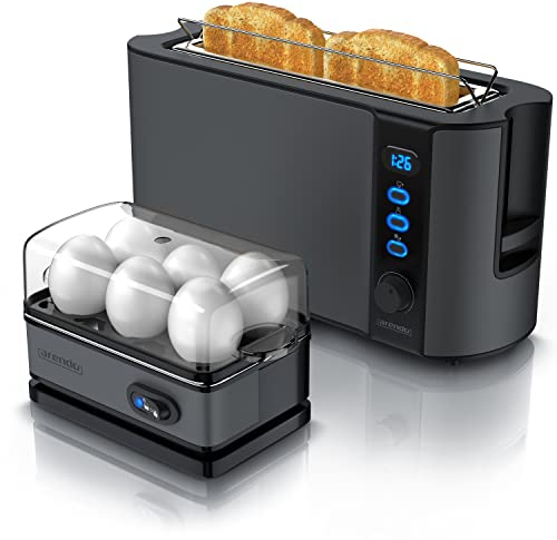 arendo Set Ensembles Grille-Pain FRUKOST et cuiseur à Oeufs SIXCOOK INOX Cool Grey, Toaster 2 tranches écran LED 6 degrés de brunissage Support viennoiserie Cuiseur à Oeufs 1-6 Oeufs Verre doseur