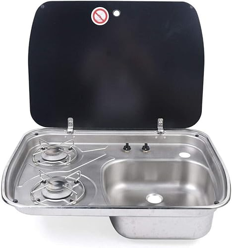 Fornello da campeggio a gas da incasso per camper, piano cottura a gas con 2 fuochi, piano cottura a gas e 1 lavello in acciaio inox combinato con copertura in vetro per campeggio all'aperto, camper,