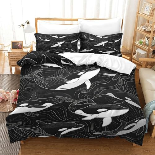 BLISSCOZY Orca-Muster 3D-gedruckt Bettwäsche Set 3 Teilig Bettbezug Mikrofaser Mit Reißverschluss Und Kissenbezug Geeignet Für Kinder, Jugendliche Und Erwachsene Single（140x200cm）