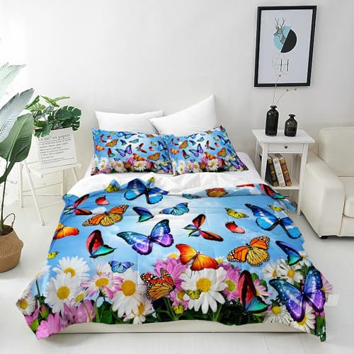ANHOPE Bunte Schmetterling Blume Bettwäsche Set 2 Teilig Weich Bettbezug 135x200 cm & Kissenbezug 80x80 cm Microfaser Bettbezüge Set mit Reißverschluss Bettdeckenbezug für Kinder Mädchen