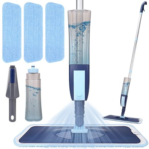 Mopa de suelo con función de pulverización, mopa húmeda y seca para suelos duros, laminados, azulejos, cocinas, pulverizador, con 3 cabezales de microfibra lavables y depósito de agua de 400 ml
