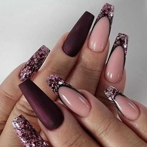 Ceboic 24 Pièces Press on Nails Cercueil Long Français Faux Ongles avec Autocollants Adhesif Rose Pailleté Acrylique Ongles à Coller Ballerine Ongle Artificiels 12 Taille pour Femmes et Filles
