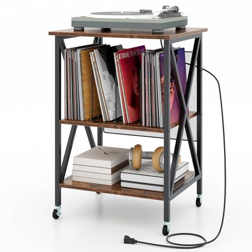 GOPLUS Soporte para Tocadiscos, Estante de Almacenamiento para Vinilos de 3 Niveles con Estación de Carga Incorporada y Ruedas Bloqueables, Soporte para Giradiscos (Marrón Rústico)