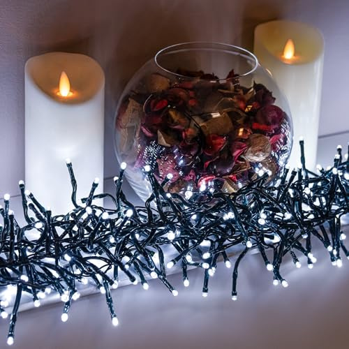 White LED Multi-Function Christmas Cluster Lights with Green Cable (960 Bulbs)