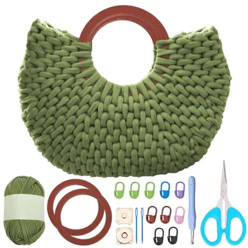 FREEBLOSS Häkeltaschen Set Für Anfänger Häkel Einkaufstasche Mit Holzgriff Häkeltaschen Starter Set Mit Schritt Für Schritt Videoanleitungen Gehäkelte Stricktasche Bastelbedarf Für Erwachsene