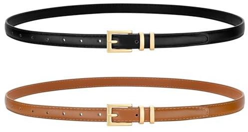 VONMELLI 2 Stücke Dünne Ledergürtel für Damen, Modische Schmale Taillengürtel Dünne Damengürtel für Jeans Anzughosen Schwarz + Braun Passend zur Taillengröße 64cm-77cm