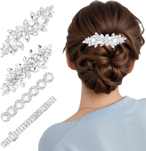 Nogeqi 4PCS Sparkly Rhinestone Hair Clips for Women, Metal Rectangular Spring Hair Barrettes, Silver Rhinestone Hair Accessories with Rhinestones Crystal Metal Alloy for Wedding, Party, Everyday