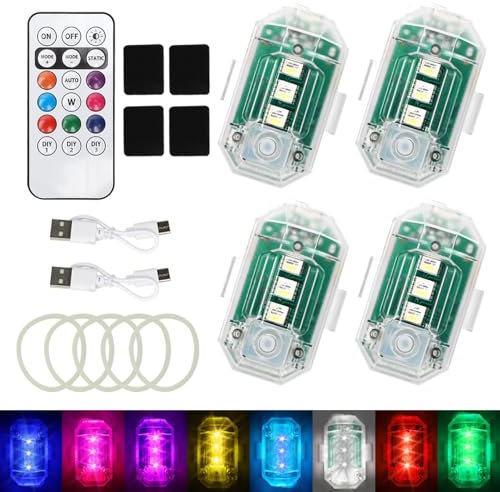 LOMUG 4 luci a LED per auto senza fili, batteria con telecomando, 8 colori, per auto, drone, camion, moto