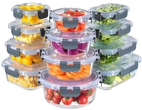 MFY 12-Pack Glass Containers with Lids, Reusable Meal Prep Containers, Leak-Proof, Airtight Glass Food Storage Containers with Lids, Safe for Microwave, Oven, Freezer, and Dishwasher