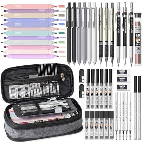 Nicpro 50 PCS School Supplies Stationary Set with Pencil Case - 6 Gel Pens & Refills, 12 Highlighters, 6 Art Mechanical Pencil Set, 12 Tube lead Refills for College Essentials Office Stationery -Black