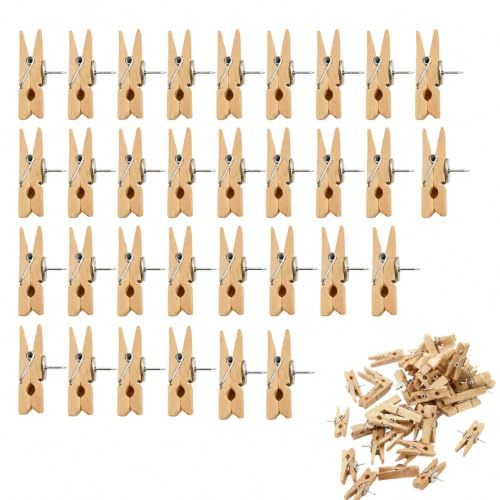 50 Pcs Wooden Push Pin Clips,Thumbtack Push Pins With Wooden Clips, Durable Wood & Metal for Cork Boards, Notes, Photos & Crafts(Wood Color)