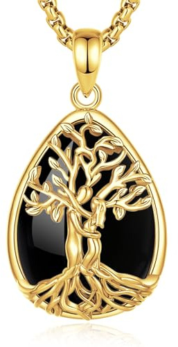 INFUSEU Lebensbaum Kette Mit Kristall, 18K Gold Baum Des Lebens Obsidian Anhänger Halskette Stein Heilsteine Yggdrasil Keltischer Schmuck Esoterik Geschenke für Damen