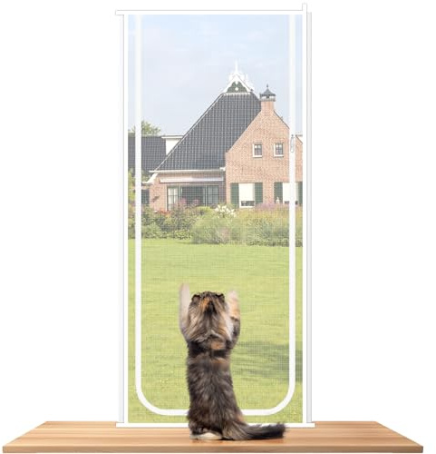 SPOKKI Cat Screen Door Net Curtain for Balcony, Reinforced Mesh Cat Door Screen with Zipper, Prevents Cats from Running Out, No Drilling Required, Fly Curtains for Living Room(80cm X 210cm) (White)