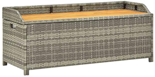 HGKMBRY Poly Rattan Storage Bench 120 cm Grey with Spacious Trunk and Weather Resistant Design for Outdoor Use and Acacia Wood Slats