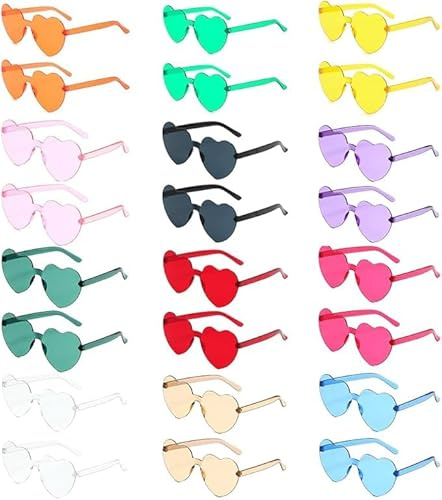 24 Paia Occhiali da Sole a Forma di Cuore, Senza Montatura, Colorati Trasparenti, per Festa Hippie e Carnevale