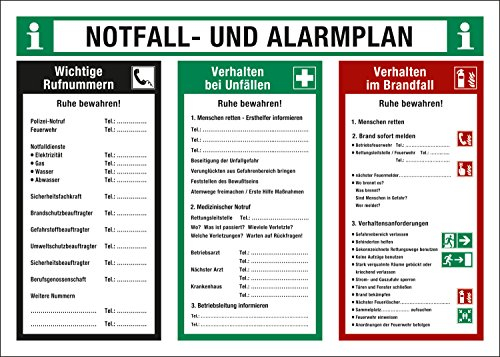 Notfall- und Alarmplan, Verhalten bei Unfällen und Verhalten im Brandfall, 700 x 500 mm, Schild aus Kunststoff, Betriebsaushang, 70 x 50 cm