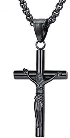 FaithHeart Schwarz Bibel Gebet Kreuz Anhänger mit 55cm Kette, Halskette für Herren Damen, Schwarz Kreuz Anhänger mit Weizenkette