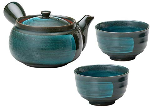 Mino Ware Teiera giapponese Kyusu Yunomi Set Emerald Line modello su verde foresta