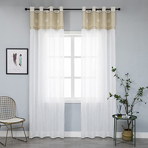 Coppia Tende Bianche Semi Trasparenti a Righe Orlo Superiore Beige con Ricamo Fiore Tenda Misto Lino Stile Shabby Chic per Camera Balcone Finestra e Interni 2 Pannelli con Occhielli (Beige, 140x280cm)
