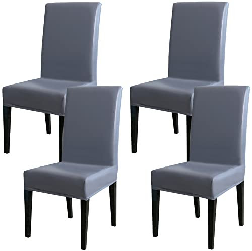 Qubjus Esstisch Stuhl Abdeckungen, solide Pu Leder wasserdicht ölfest Stretch Esstisch Stuhl Protector Cover Slipcover (Grau, 4 Pack)